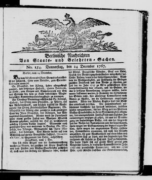 Berlinische Nachrichten von Staats- und gelehrten Sachen vom 24.12.1767
