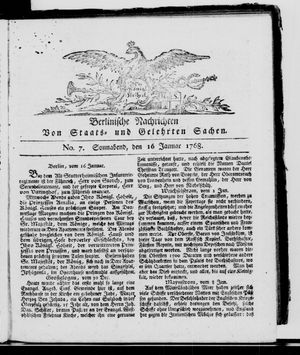 Berlinische Nachrichten von Staats- und gelehrten Sachen vom 16.01.1768