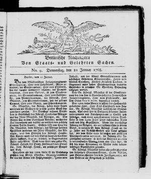 Berlinische Nachrichten von Staats- und gelehrten Sachen vom 21.01.1768