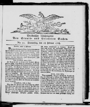 Berlinische Nachrichten von Staats- und gelehrten Sachen vom 18.02.1768