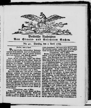 Berlinische Nachrichten von Staats- und gelehrten Sachen vom 05.04.1768
