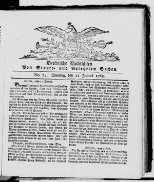 Berlinische Nachrichten von Staats- und gelehrten Sachen vom 21.06.1768