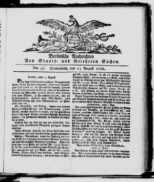 Berlinische Nachrichten von Staats- und gelehrten Sachen vom 13.08.1768