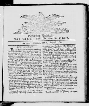 Berlinische Nachrichten von Staats- und gelehrten Sachen vom 23.08.1768