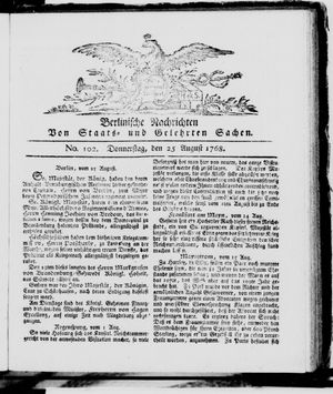 Berlinische Nachrichten von Staats- und gelehrten Sachen vom 25.08.1768