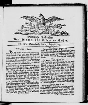 Berlinische Nachrichten von Staats- und gelehrten Sachen vom 27.08.1768