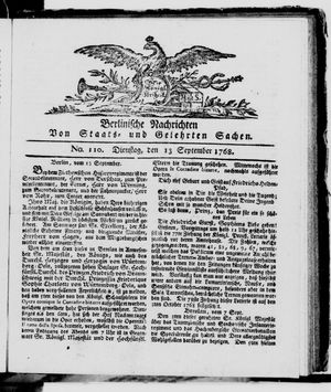 Berlinische Nachrichten von Staats- und gelehrten Sachen vom 13.09.1768