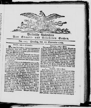 Berlinische Nachrichten von Staats- und gelehrten Sachen vom 20.09.1768
