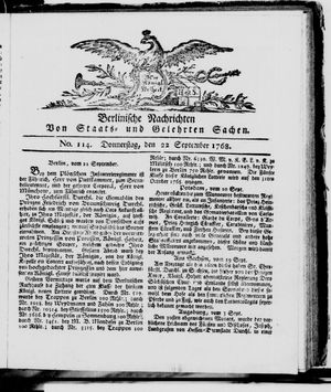 Berlinische Nachrichten von Staats- und gelehrten Sachen vom 22.09.1768