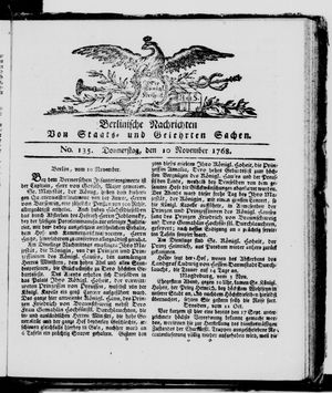 Berlinische Nachrichten von Staats- und gelehrten Sachen vom 10.11.1768