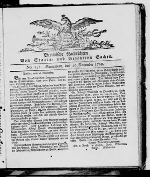 Berlinische Nachrichten von Staats- und gelehrten Sachen vom 26.11.1768