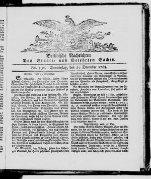 Berlinische Nachrichten von Staats- und gelehrten Sachen vom 29.12.1768