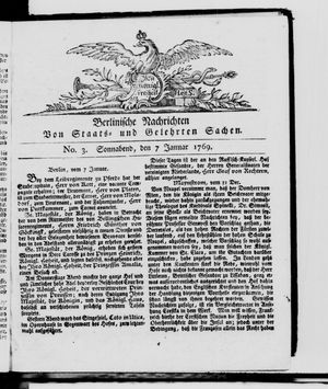 Berlinische Nachrichten von Staats- und gelehrten Sachen vom 07.01.1769