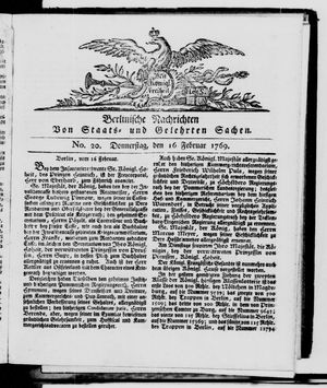 Berlinische Nachrichten von Staats- und gelehrten Sachen vom 16.02.1769