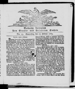 Berlinische Nachrichten von Staats- und gelehrten Sachen vom 23.02.1769