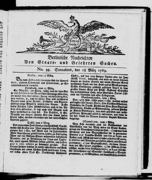 Berlinische Nachrichten von Staats- und gelehrten Sachen vom 18.03.1769