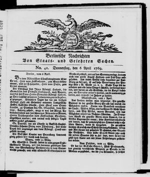 Berlinische Nachrichten von Staats- und gelehrten Sachen vom 06.04.1769