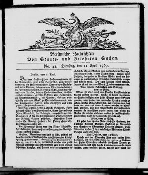 Berlinische Nachrichten von Staats- und gelehrten Sachen vom 11.04.1769