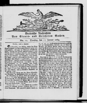 Berlinische Nachrichten von Staats- und gelehrten Sachen vom 13.06.1769