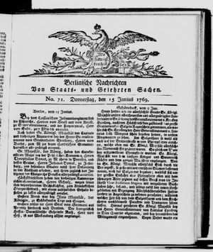 Berlinische Nachrichten von Staats- und gelehrten Sachen vom 15.06.1769