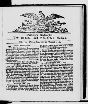 Berlinische Nachrichten von Staats- und gelehrten Sachen vom 29.06.1769