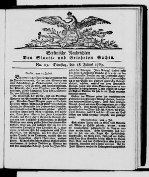Berlinische Nachrichten von Staats- und gelehrten Sachen vom 18.07.1769