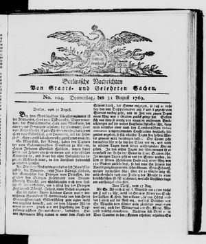 Berlinische Nachrichten von Staats- und gelehrten Sachen vom 31.08.1769