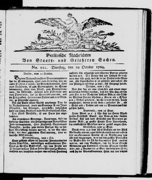 Berlinische Nachrichten von Staats- und gelehrten Sachen vom 10.10.1769