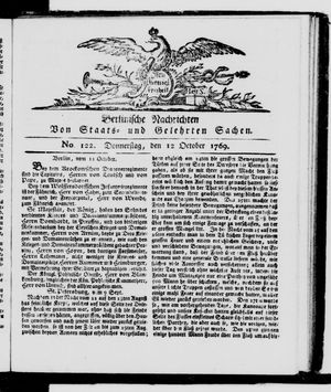 Berlinische Nachrichten von Staats- und gelehrten Sachen vom 12.10.1769