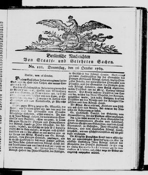 Berlinische Nachrichten von Staats- und gelehrten Sachen vom 26.10.1769