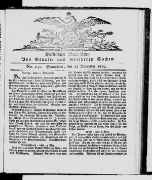 Berlinische Nachrichten von Staats- und gelehrten Sachen vom 25.11.1769
