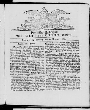 Berlinische Nachrichten von Staats- und gelehrten Sachen vom 21.02.1771