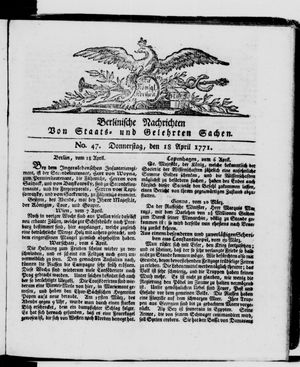 Berlinische Nachrichten von Staats- und gelehrten Sachen vom 18.04.1771