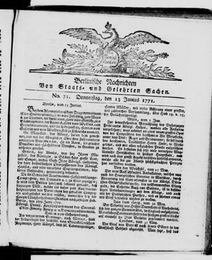 Berlinische Nachrichten von Staats- und gelehrten Sachen vom 13.06.1771