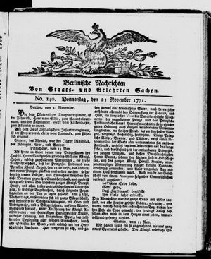 Berlinische Nachrichten von Staats- und gelehrten Sachen vom 21.11.1771