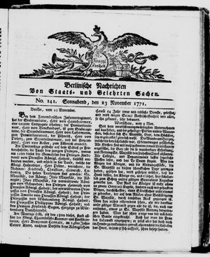 Berlinische Nachrichten von Staats- und gelehrten Sachen vom 23.11.1771