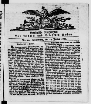 Berlinische Nachrichten von Staats- und gelehrten Sachen vom 23.01.1772