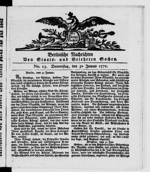 Berlinische Nachrichten von Staats- und gelehrten Sachen vom 30.01.1772