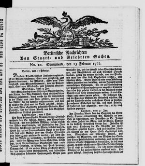 Berlinische Nachrichten von Staats- und gelehrten Sachen vom 15.02.1772