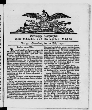 Berlinische Nachrichten von Staats- und gelehrten Sachen vom 21.03.1772