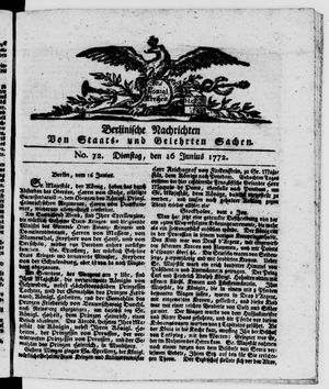 Berlinische Nachrichten von Staats- und gelehrten Sachen vom 16.06.1772
