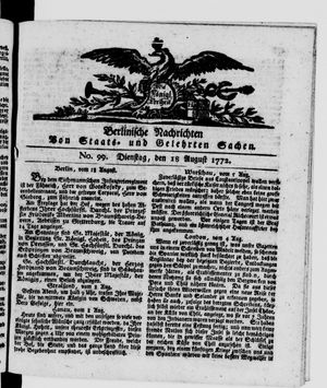 Berlinische Nachrichten von Staats- und gelehrten Sachen vom 18.08.1772