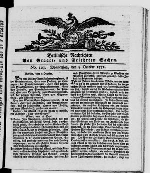 Berlinische Nachrichten von Staats- und gelehrten Sachen vom 08.10.1772