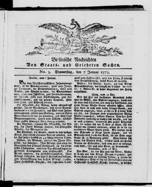 Berlinische Nachrichten von Staats- und gelehrten Sachen vom 07.01.1773