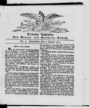 Berlinische Nachrichten von Staats- und gelehrten Sachen vom 09.01.1773