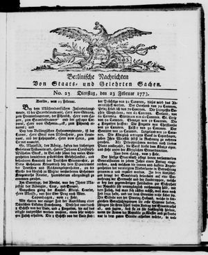Berlinische Nachrichten von Staats- und gelehrten Sachen vom 23.02.1773