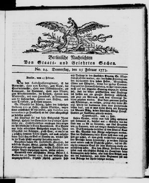 Berlinische Nachrichten von Staats- und gelehrten Sachen vom 25.02.1773