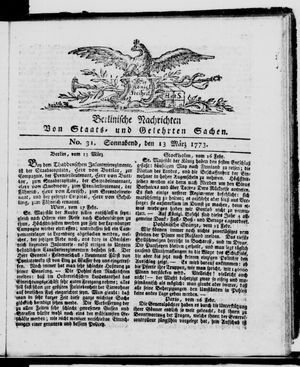 Berlinische Nachrichten von Staats- und gelehrten Sachen vom 13.03.1773