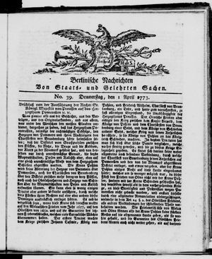 Berlinische Nachrichten von Staats- und gelehrten Sachen vom 01.04.1773