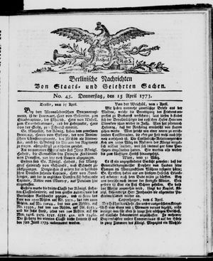 Berlinische Nachrichten von Staats- und gelehrten Sachen vom 15.04.1773